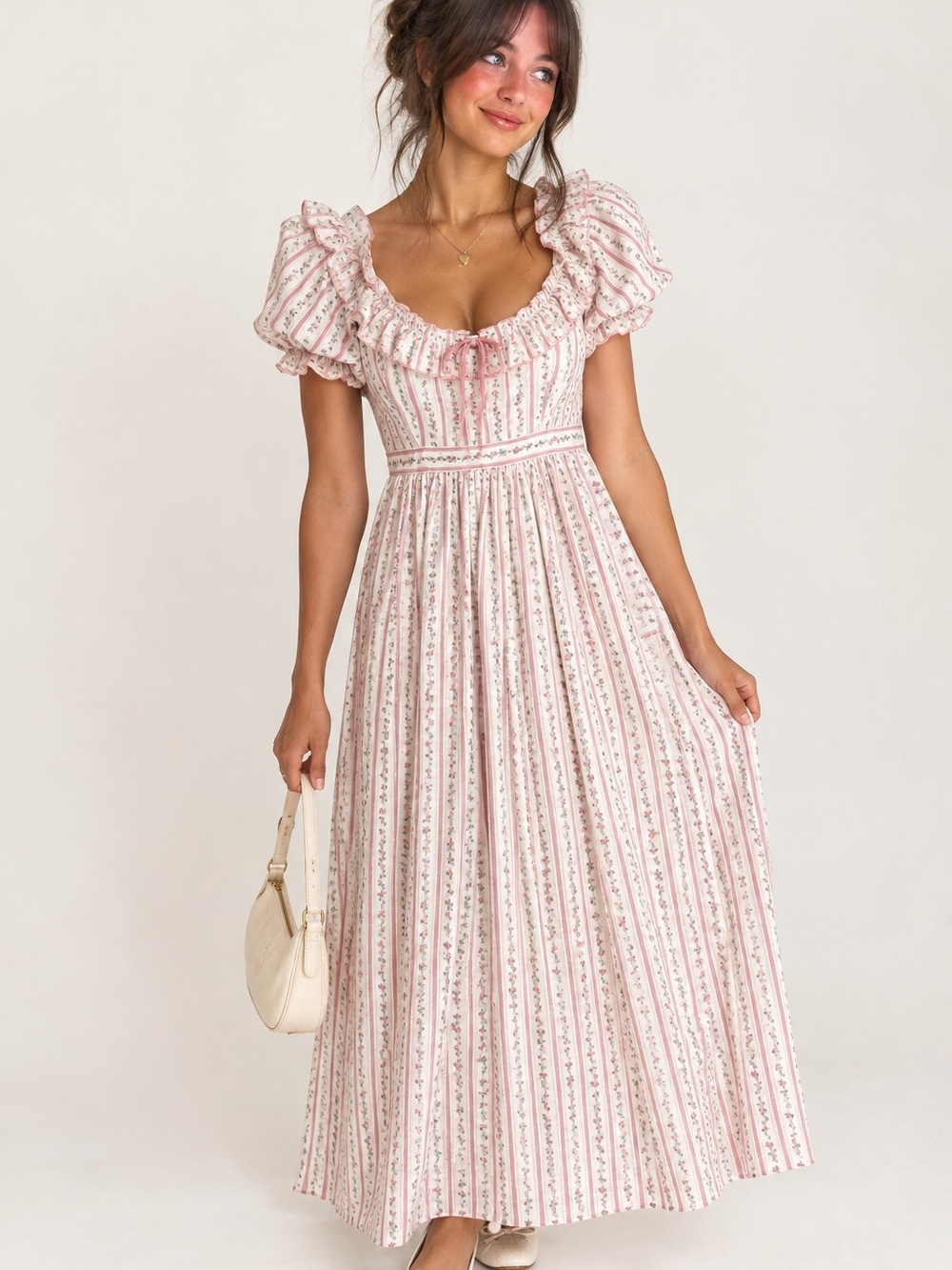 Simple Retro Romantic Floral Puff Sleeve Maxi Dress | Multicolor | Size Small